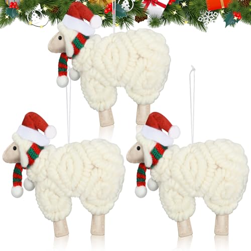 3 Pieces Felt Sheep Christmas Ornaments Sheep Decorative Hanging Ornaments Vintage Farm Wooly Lamb Tree Xmas Pendant Curly Decor for Holiday Figurines Gifts