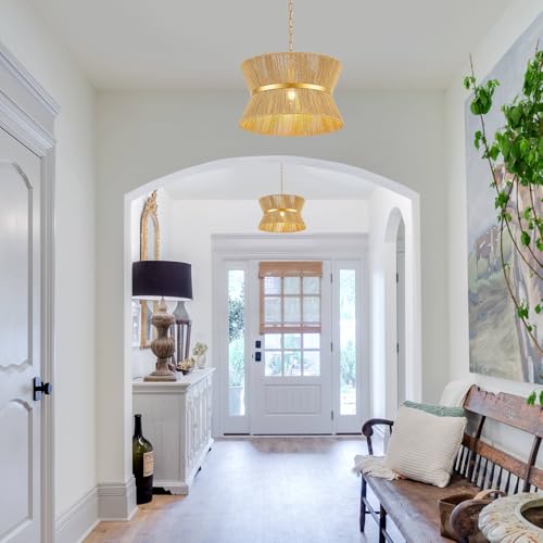 18” Hand Woven Rattan Boho Chandelier Brass Ajustable Pendant Light for Kitchen Island Living Room Bedroom Hallway