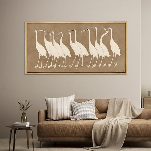 Extra Large Framed Canvas Print Wall Art Minimalist White Cranes on Beige Background Antique Retro Fine Art Illustrations Decorative Colorful for Bedroom