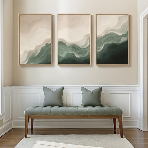 Large Framed Green Beige Abstract Wall Art for Living Room (3 Count)