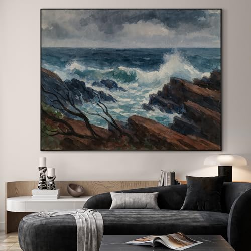 36"x46" Extra Large Framed Wall Art Rocky Seashore with Crashing Waves and Moody Sky for Home Living Room Bedroom Decor
