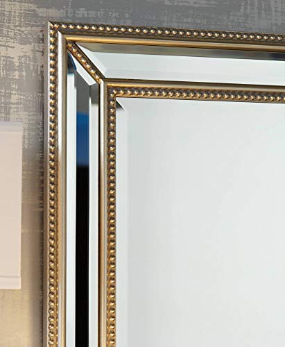 Palais Rectangular Vanity Decorative Accent Wall Mirror Modern Beaded Beveled Glass Mottled Silver Mirrored Frame 30" Wide for Bathroom Bedroom Living Room Home House Office