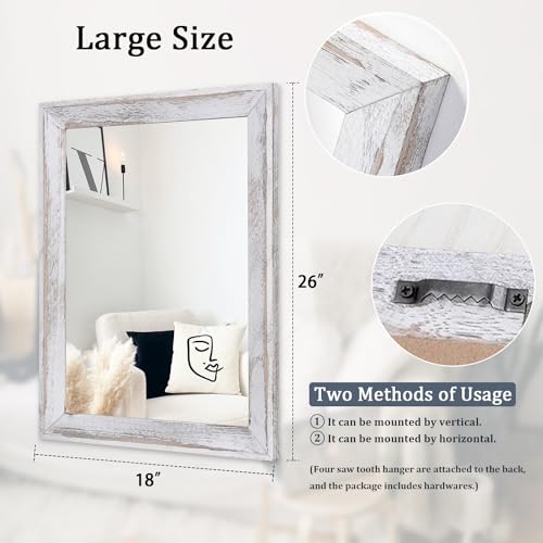 Mirrors for Wall Rustic Wood Framed Hanging Mirror 26"x18" Decorative for Farmhouse Bedroom Bathroom Living Room Entryway Hallway White