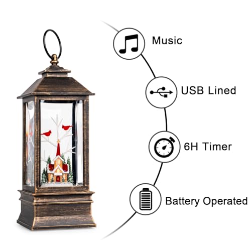 10'' Christmas Snow Globe Lantern Lighted Christmas Village Church Scene Musical Water Lantern with Swirling Glittering Home Decoration and Gift