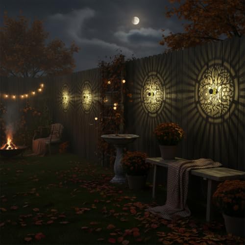 2 Pack Solar Fence Lights Metal Solar Powered Outdoor Wall Deck Step Lights Tree Theme Waterproof Fence Light for Garden Post Patio Backyard Yard Decor (2 Count)