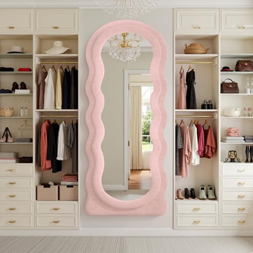 Full Length Mirror 71"x30" Irregular Wavy Full Body Wall Mounted Floor Mirror with Stand Pink Flannel Frame Leaning Hanging Wall for Bedroom Entrance Hallway