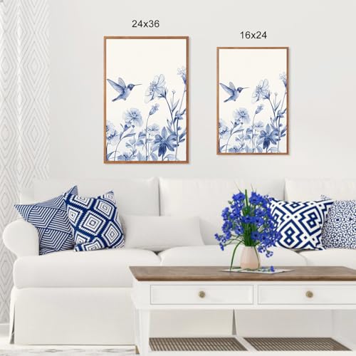 Vintage Blue Bird Flower Framed Canvas Wall Art