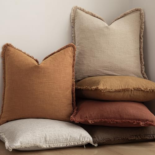 Decorative Linen Fringe Throw Pillow Covers 20×20 Inch (2 Count)