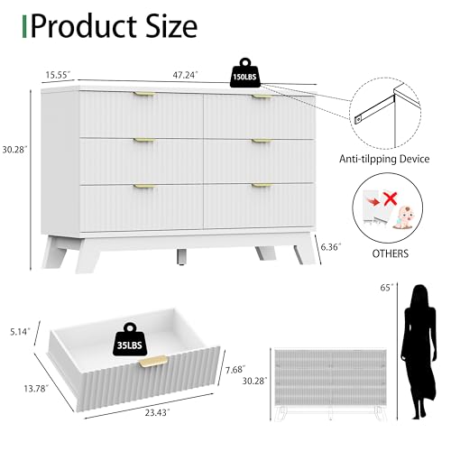 Fluted Dresser for Bedroom with 6 Drawers