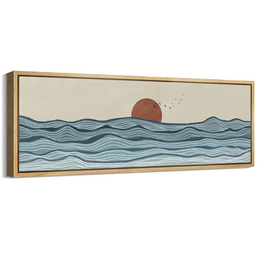Large Framed Canvas Print Wall Art Calm Seascape Ocean Waves and Setting Sun Illustrations Antique Retro Fine Art Illustrations Decorative Colorful for Bedroom