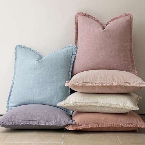 Boho Linen Fringe Lumbar Throw Pillow Covers 12×20 Rose Pink (2 Count)