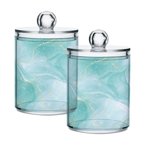 2 Pack Qtip Holder Dispenser Turquoise Marble Bathroom Storage Canister Lid 10 oz Acrylic Plastic Apothecary Jar Set Vanity Makeup Organizer for Cotton Swab (2 Count)