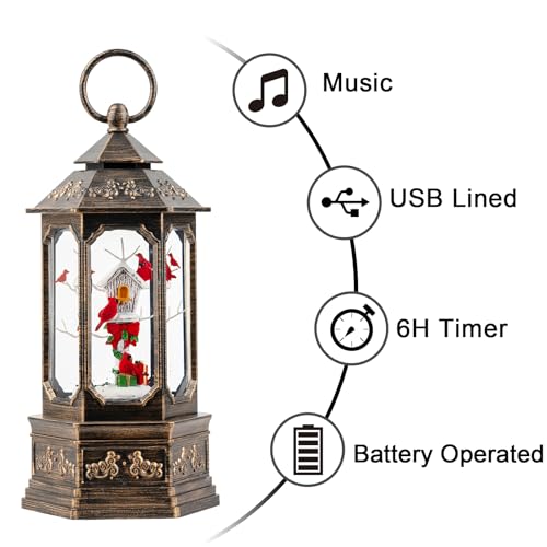 Christmas Snow Globe Lantern Water Glittering 11.6'' Cardinal & Birdhouse with Music & Timer