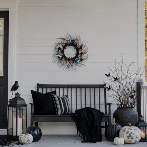20 Inch Black Twig Halloween Wreath with 30 Orange LEDs and 6 Bats