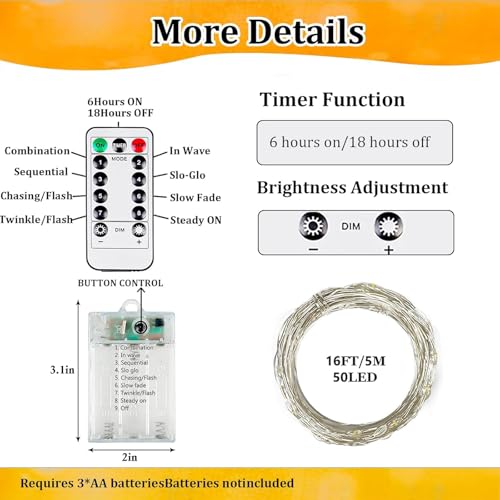 2 Pack Fairy Lights Battery Operated with Remote 16FT 50 LED Twinkle Lights (2 Count)