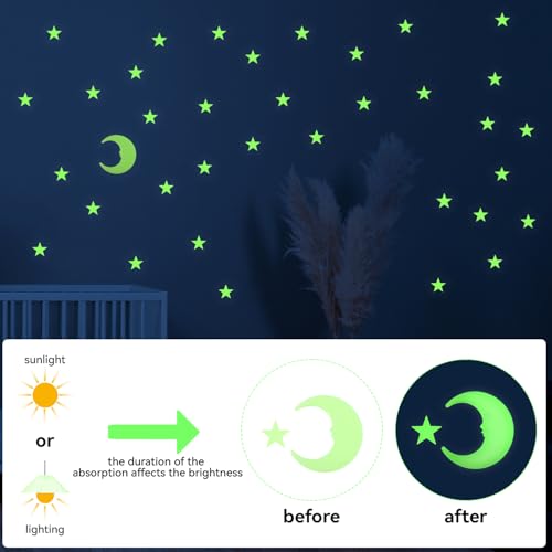 100 Stars and 1 Moon Glow in The Dark Luminous Fluorescent 3D Plastic Glow Stars Moon for Ceiling (101 Count)