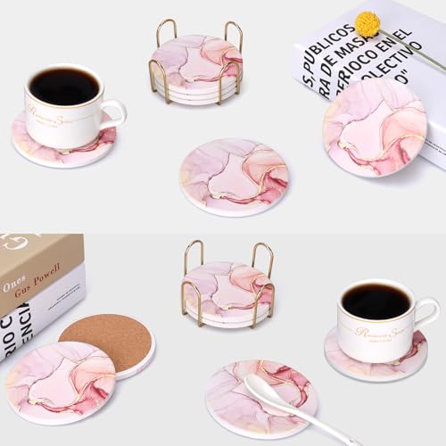 6 Pcs Pink Marble Abstract Ceramic Coasters with Holder for Coffee Table (6 Count)