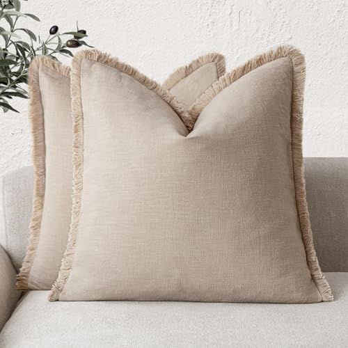 Decorative Linen Fringe Throw Pillow Covers 18×18 Inch (2 Count)