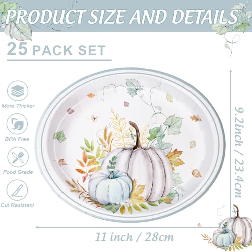 Fall Paper Plates Large 9" X 11" Thanksgiving Pumpkins Maple Leaf Disposable Autumn Dinnerware for Harvest Thanksgiving Party Decorations (25 Count)