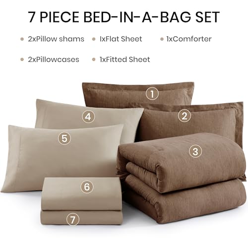 Queen Comforter Set 7 Pieces Brown Cationic Dyeing Bed in a Bag