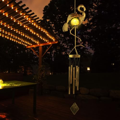 Flamingo Solar Wind Chimes for Outside Gifts for Women Mom Grandma Sister Crackle Glass Ball Flamingo Wind Chimes Solar Lights Outdoor Decor for Garden Backyard Patio Yard Porch