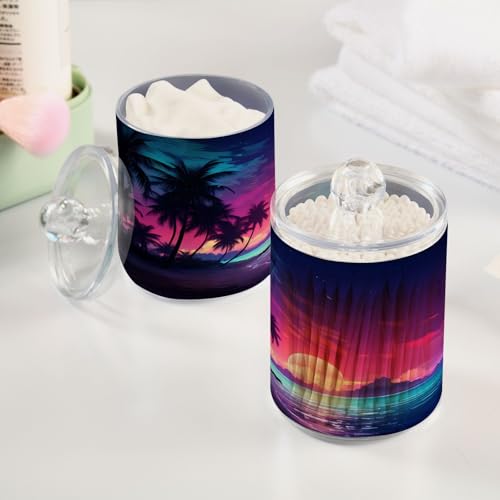 2 Pack Qtip Holder Organizer Dispenser Palm Tree Beach Tropical Bathroom Storage Canister Cotton Ball Holder Container for Cotton Pads (2 Count)