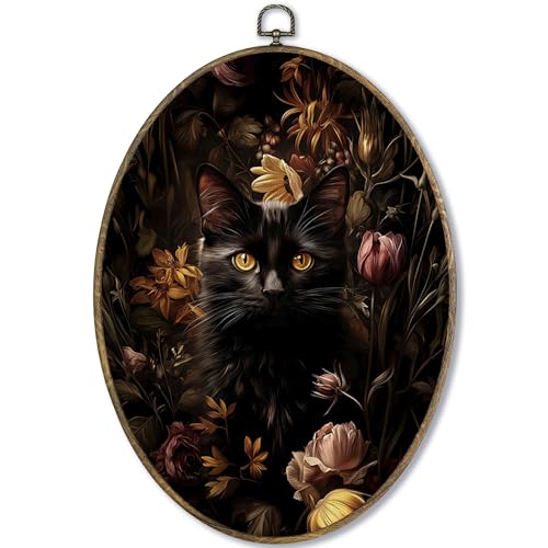 Gothic Dark Moody Black Cat Oval Wall Art Decor Framed for Cat Lovers