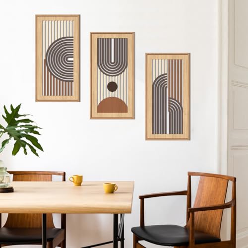 Mid Century Modern Boho Wooden Wall Art Framed 8x16 Inch Orange Abstract Bohemian Wood Wall Decor Set of 3 Minimalist Geometry Artwork for Living Room Bedroom Office