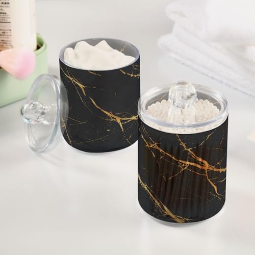 2 Pack Qtip Holder Organizer Dispenser Gold Black Marble Texture Bathroom Storage Canister Cotton Ball Holder Container for Cotton Pads (2 Count)