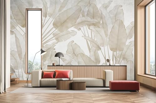 Beige Banana Leaf Tropical Wallpaper Mural Peel and Stick Bedroom