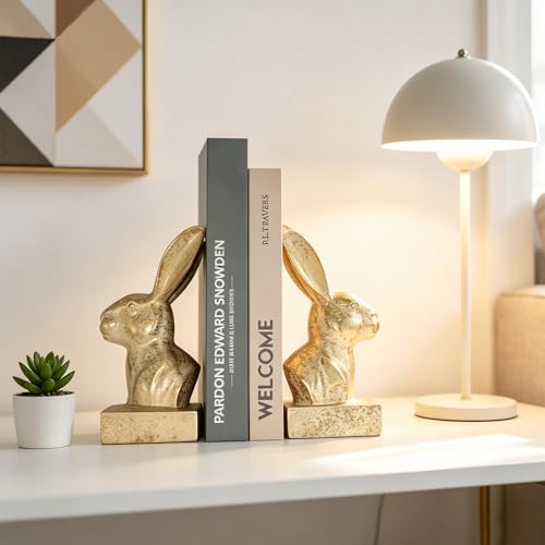 Unique Gold Rabbit Decorative Bookends for Home Office Shelves Decor (2 Count)