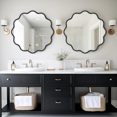 Black Round Mirror 28 Inch Wavy Bathroom Vanity Mirror Gold Frame Modern Wall Mirror Decorative Wall
