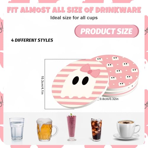 4Pcs Halloween Ceramic Coasters Pink Ghost Pumpkin Drink Coasters Absorbent Cup Mat for Mug Cup Home Kitchen Party Table Decor (4 Count)