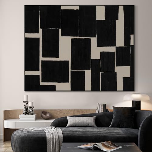 36"x46" Extra Large Framed Wall Art Modern Abstract Black and Beige Geometric Blocks for Home Living Room Bedroom Decor