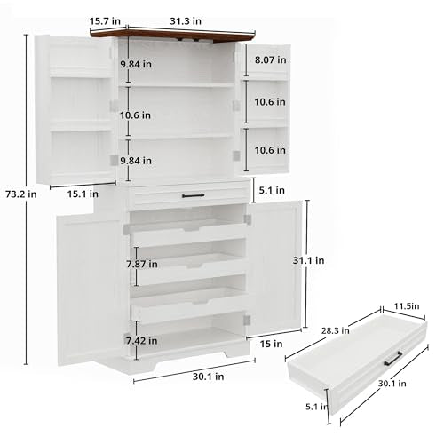 72" Kitchen Pantry Cabinet with Sliding Rack & Adjustable Shelves