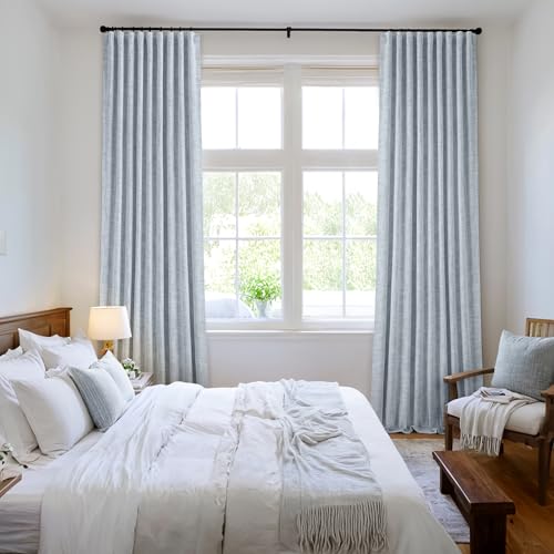 Light Blue 100% Blackout Linen Curtains 84 Inch 2 Panels Set Double Sided No Coating Pleated Back Tab Black Out Long Thermal Insulated Pinch Pleat Bedroom Living Room Darkening Window Drapes (2 Count)