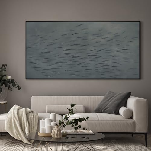24"x46" Extra Large Framed Wall Art Gray School of Fish Minimalist Ocean