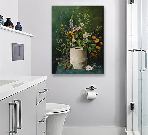 3Pcs Framed Vintage Dark Green Bathroom Wall Art Shower Toilet Paper Roll Floral Poster Print Modern Farmhouse plants Painting Picture Wall Decor For Bathroom Living Room Decoration (3 Count)