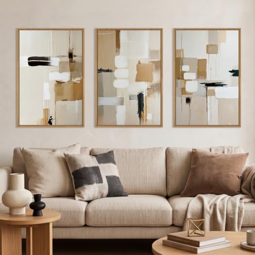 Large Abstract Beige Framed Canvas Wall Art Set