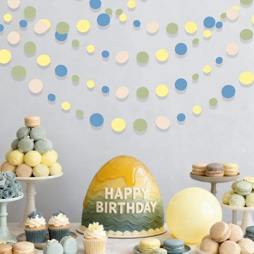 Sage Green Dusty Blue Yellow Beige Polka Dots Garlands Olive Green Macaron Yellow Dusty Blue Sand White Cream Nude Hanging Paper Circle Dots Streamer for Birthday Wedding Shower Party Decorations