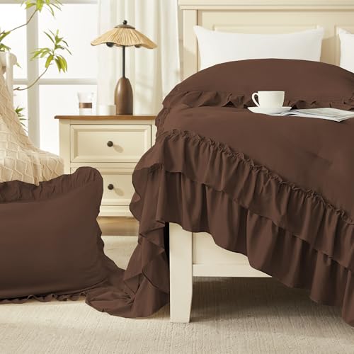 Brown Twin Size Ruffle Comforter Set