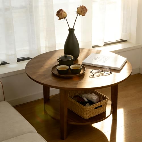2 Tier Round Coffee Table Wood Nesting Side Table