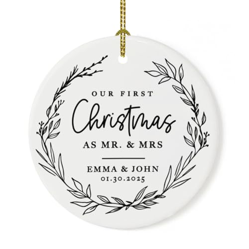 Personalized Our First Christmas As Mr. & Mrs. 2026 Christmas Ornaments Modern Farmhouse Wreath 2.8" Round Porcelain Ceramic 1st Year Married Custom Ornament Keepsake for Newlyweds 1