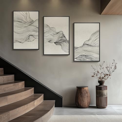 Framed Black and Beige Neutral Abstract Wall Art for Living Room (3 Count)