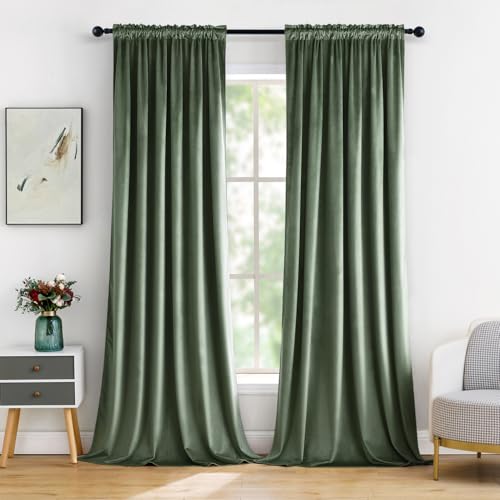 Sage Green Blackout Velvet Curtains Drapes 96 Inch Long 52"x96" (2 Count)