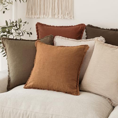Decorative Linen Fringe Throw Pillow Covers 16×16 Inch (2 Count)