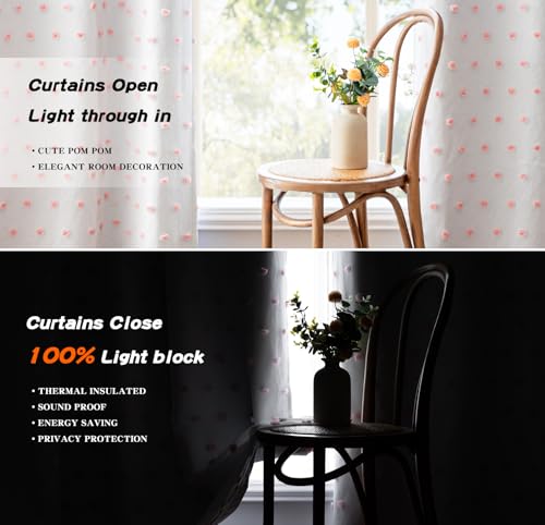 100% Blackout Curtains for Nursery Thermal Insulated Pink Pom Pom Curtains 72 Inch Length for Girls Bedroom 2 Panels Grommet White Sheer Curtains for Dining Room Door (30 Count)