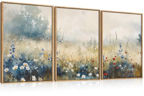Neutral Pastoral Wildflower Framed Canvas Wall Art Set