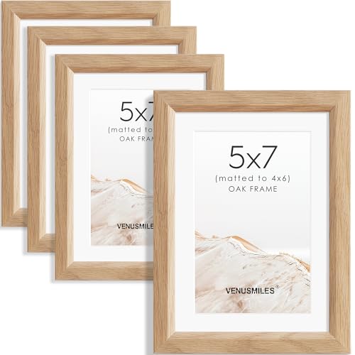 5x7 Picture Frame Set of 4 Natural Solid Oak Photo Frames with 4x6 Removable Mat Wall Hanging Large Handcrafted Frame with HD Plexiglass Wall and Tabletop Display Large Poster Frame (4 Count)