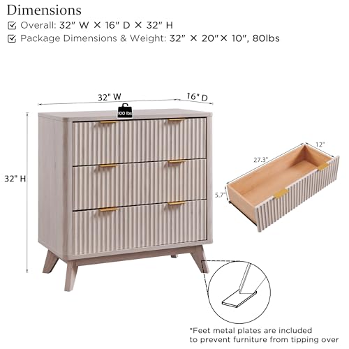 32" Large Fluted Nightstand with 3 Drawers